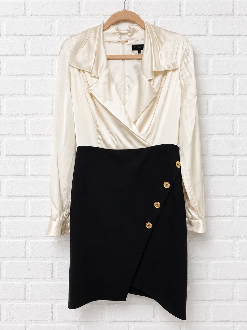 Donna Karen Elegant Cream and Black Wrap Skirt Dress with Gold Buttons